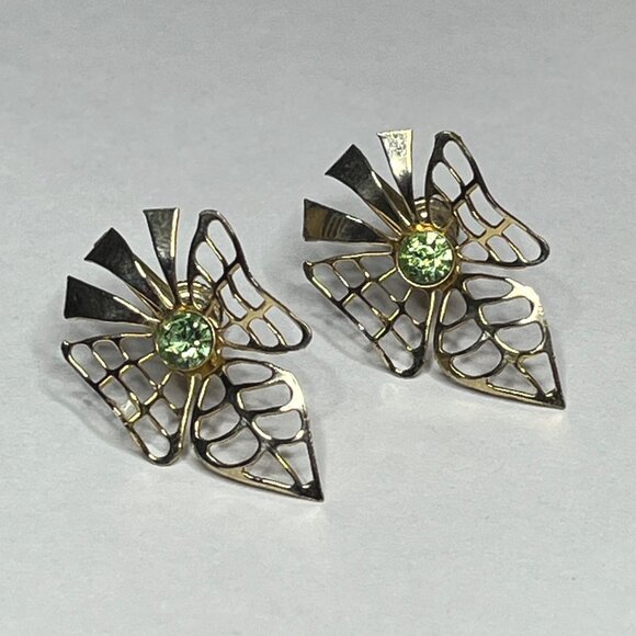 Vintage Filigree Screw Back Earrings With Green Rhinestones - Picture 2 of 7